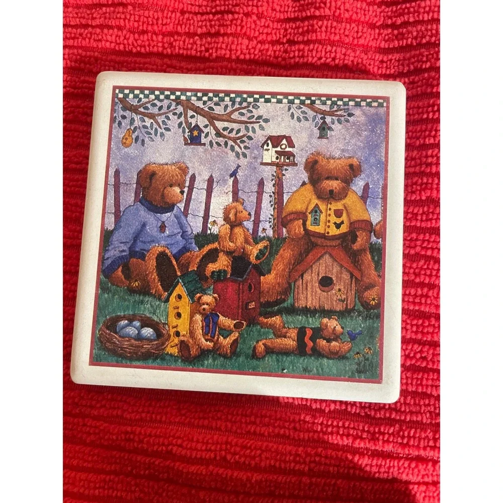 Stone Art Absorbent Stone Coaster Set of 4 Teddy Bear Garden Scene Cork Backing